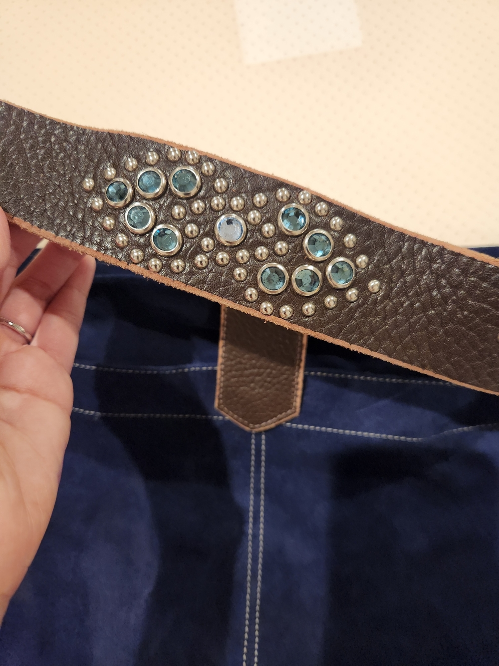 Tylie Malibu Suede Navy Blue Shoulder Bag with Embellished Brown Strap - Picture 2 of 6